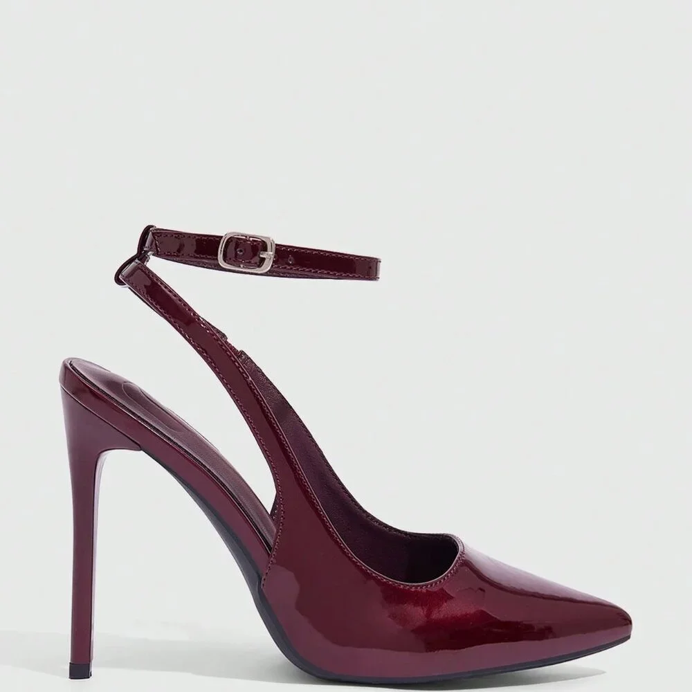 Burgundy Sexy Women's Pointed Toe Stiletto High Heel Ankle Strap Backless Pumps - Picture 7 of 10